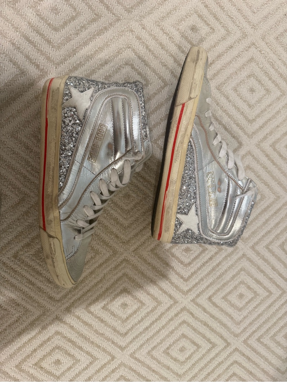 Golden Goose Silver & Cream High-Top Sneakers with Glitter Heel - Picture 7 of 7